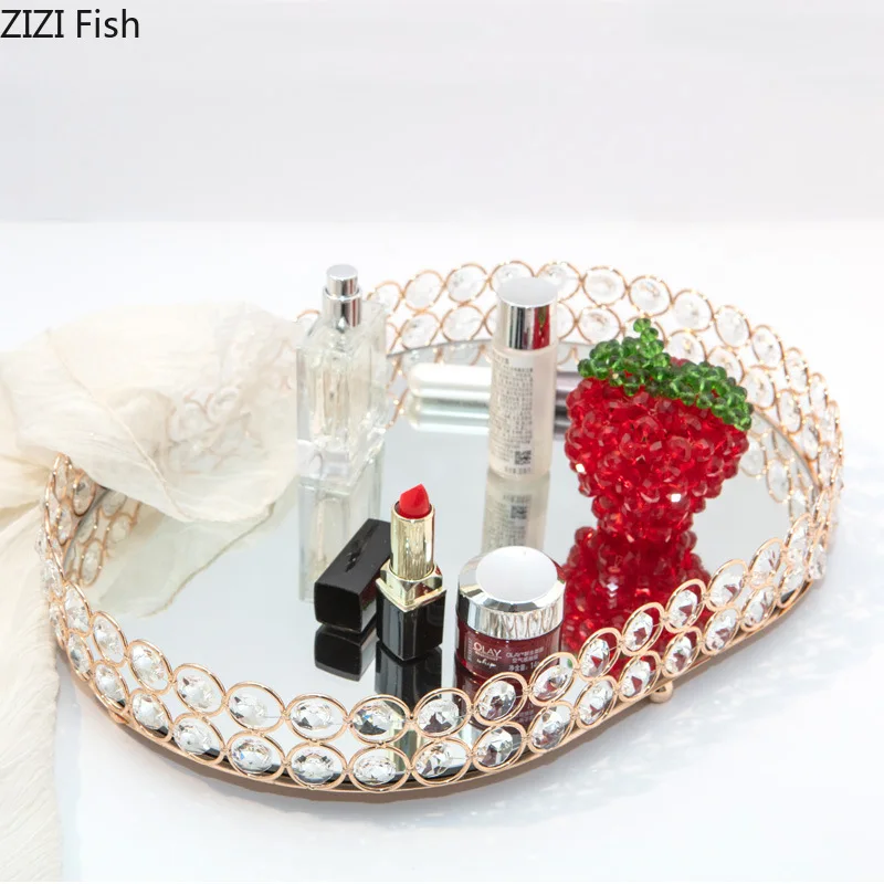 Golden Crystal Mirror Tray Jewelry Storage Box Glass Mirror Cosmetic Rack Desktop Storage Organizing Dishes Wedding Fruit Dish