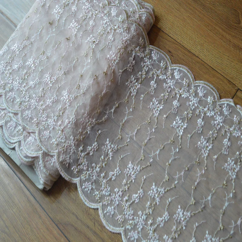 2Y 26cm Wide Translucent Pink Gauze Gold Thread Embroidery Mirror Floral Lace Hight Quality Lace Fabrics Embroidered Lace