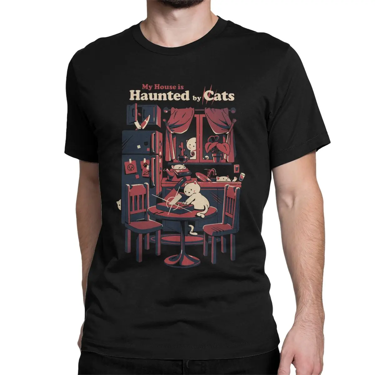 Haunted By Cats Men Women's T Shirts Haunted Mansion T-Shirt Horror Halloween Spooky Scary Kitty Tee Shirt Original Clothing