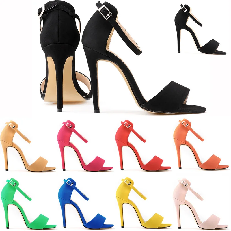 

Sexy word buckle sandals women 2023 summer Round Toe Flock 11CM Thin High heels Buckle Strap sandal women shoes 2023 size 35-42