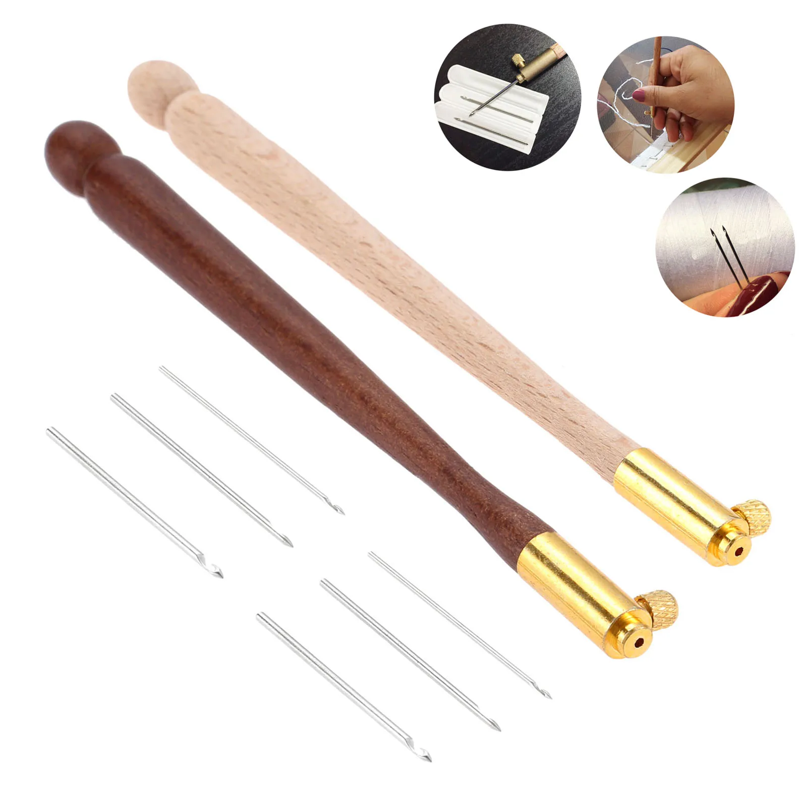 4pcs/kit 110mm French Embroidery Needle Tambour Crochet Hook Wood Handle 3 Needles S Couture Luneville Glitter Bead Too Giftl