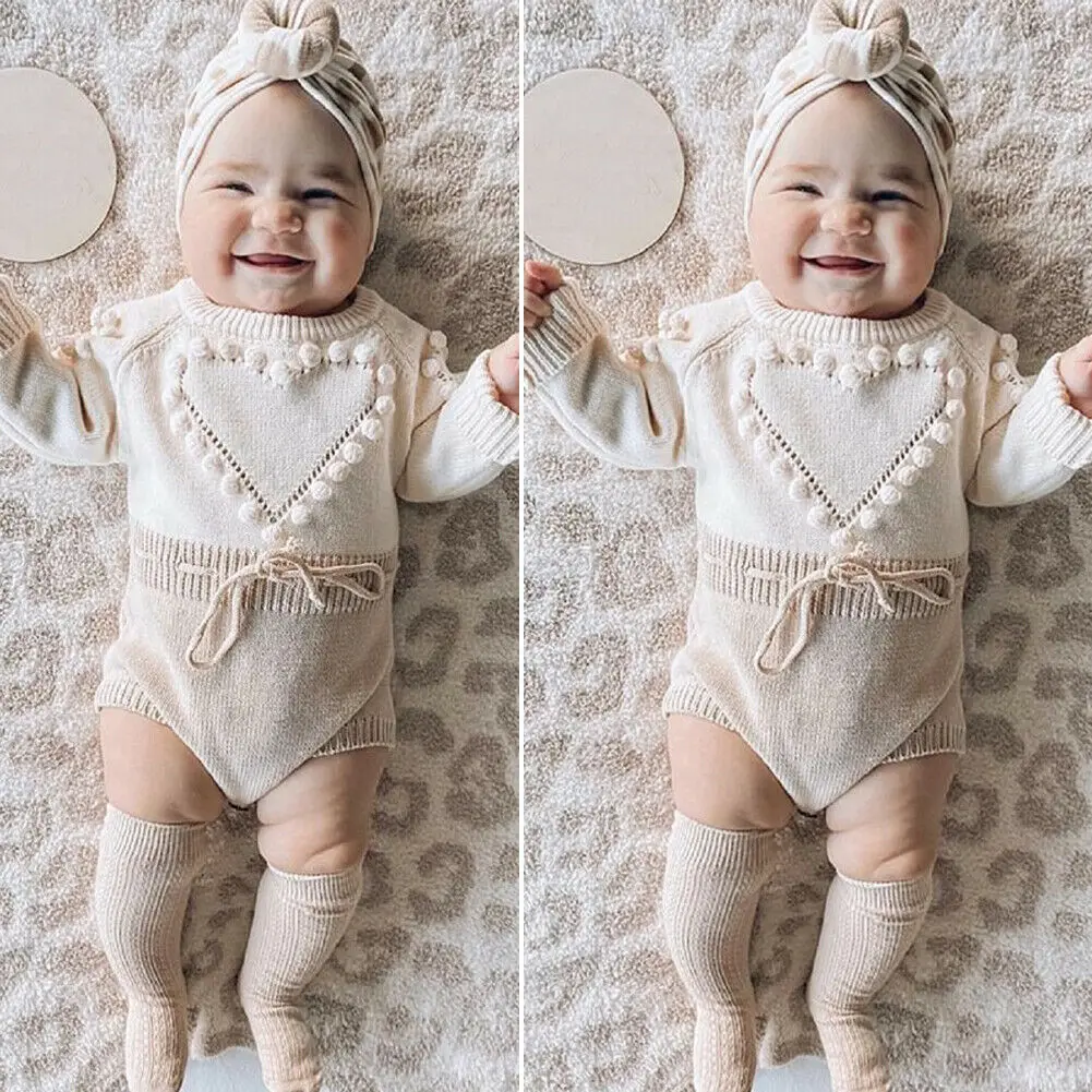 Mooie Hart Zuigeling Baby Meisje Gebreide Kleding Liefde Romper Jumpsuit Bodysuit Outfit Herfst Winter Wol Gebreide Trui Bodysuits