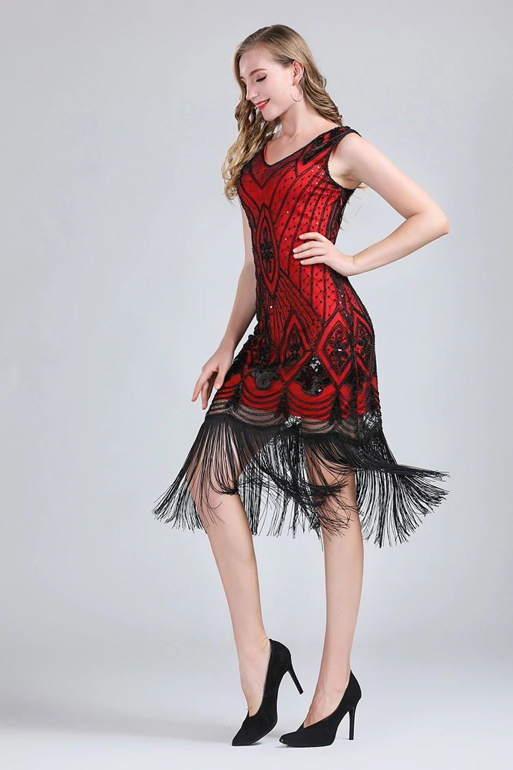 Women Party Dress Performance Latin Dance Dress 1920s Flapper Sequin Fringe Midi Dress Vestido Summer Art Deco Retro Lady Dress