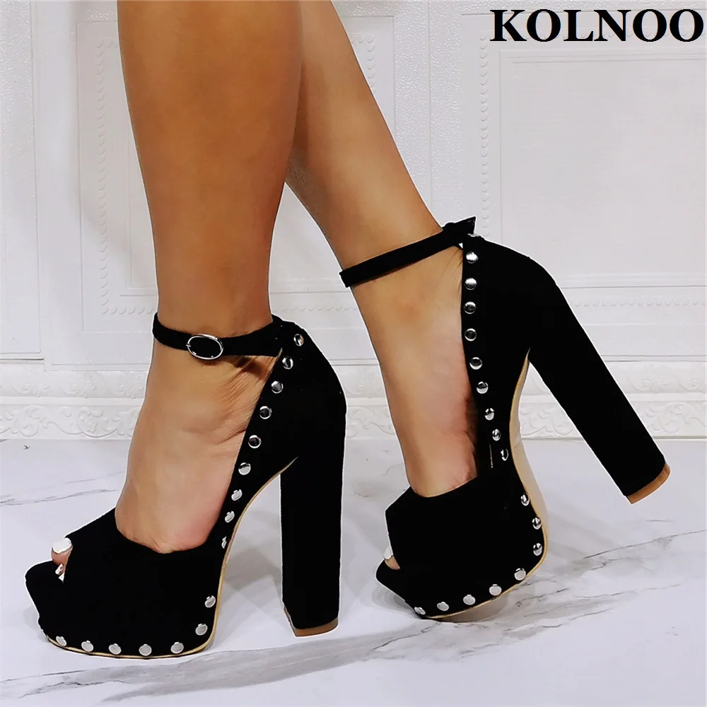 

Kolnoo Handmade New Womens Chunky Heels Sandals Rivets Peep-Toe Sexy Platform Party Summer Shoes Buckle Strip Fashion Prom Shoes