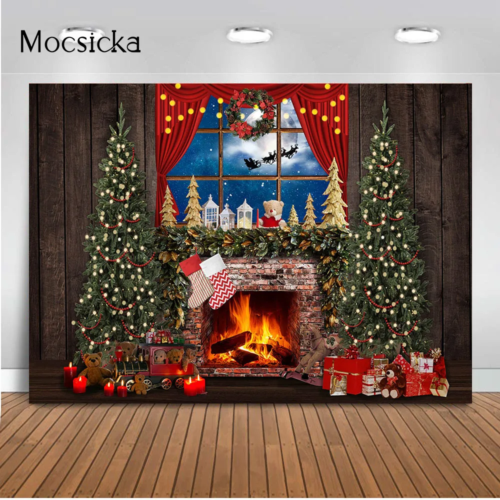 

Rustic Wood Board Fireplace Backdrop Windows Christmas Tree Living Room Newborn Children Portrait Photo Background Studio Decor