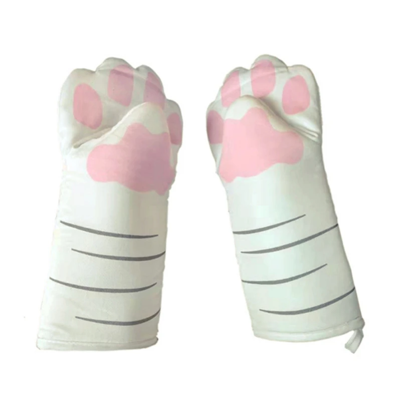 3D Cartoon Cat Paws Oven Mitts Long Cotton Baking Insulation Gloves Microwave Heat Resistant Non-Slip Kitchen Gloves