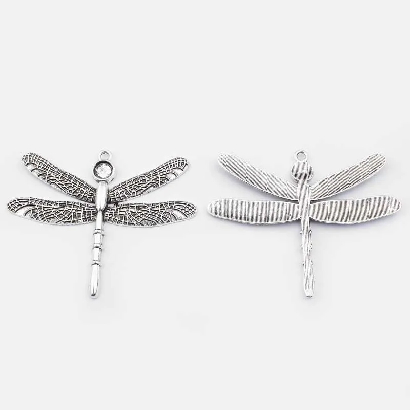 3PCS Tibetan Silver Large Dragonfly Insect Charms with 8mm Round Blank Tray Cabochon Settings Pendant for Jewelry Findings