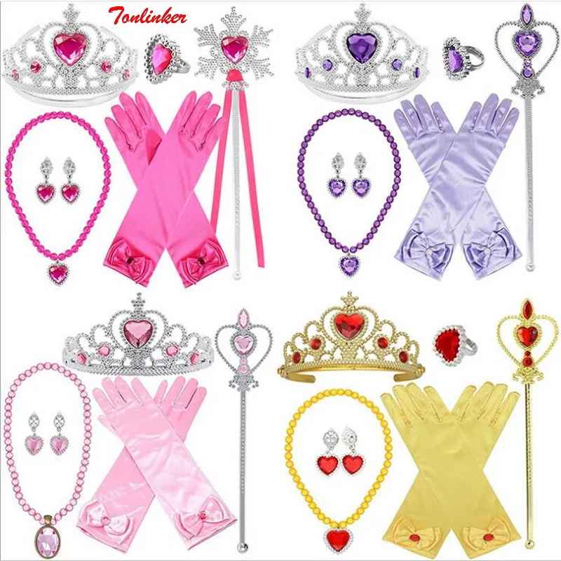 Halloween Meisjes Anime Cartoonprincess Cosplay Belle Rapunzel Doornroosje Jurk Up Accessoires Kroon Pruik Toverstaf Handschoen