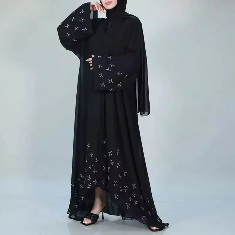 Hand made Hot drilling beading muslim peignoir Robes syari Dubai Fashion female full length Abaya Muslim Dress with belt WY152