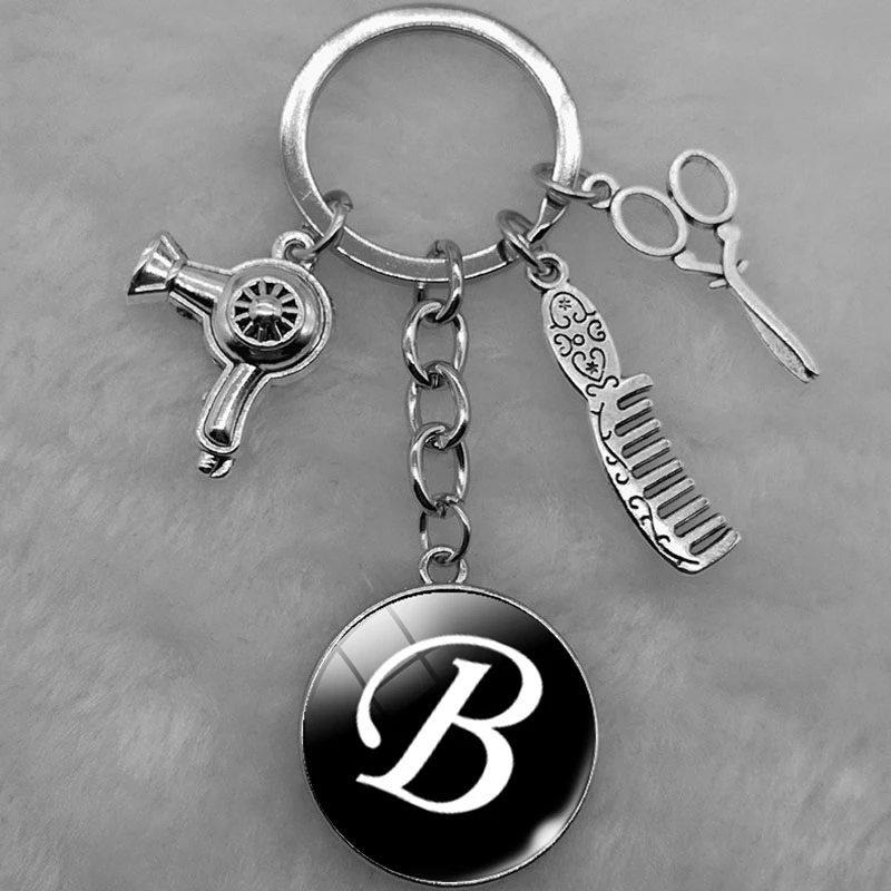 A-Z letter hair dryer key chain hairdresser gift comb scissors car key ring accessories jewelry gift hairdresser key chain