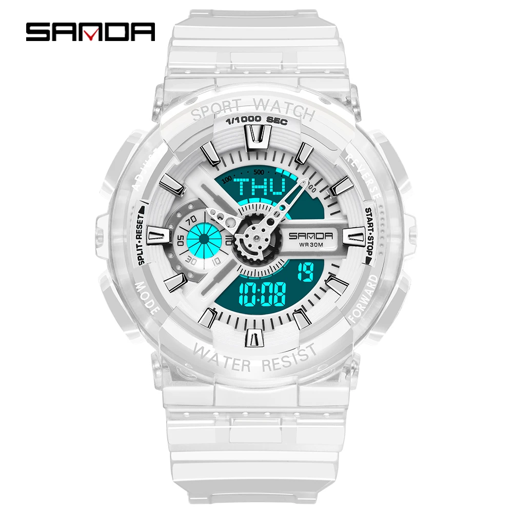 Fashion Sanda Top Brand Women  Transparent Watches Waterproof Multi-function Luminous Sports Double Display Couple ElectronicBr