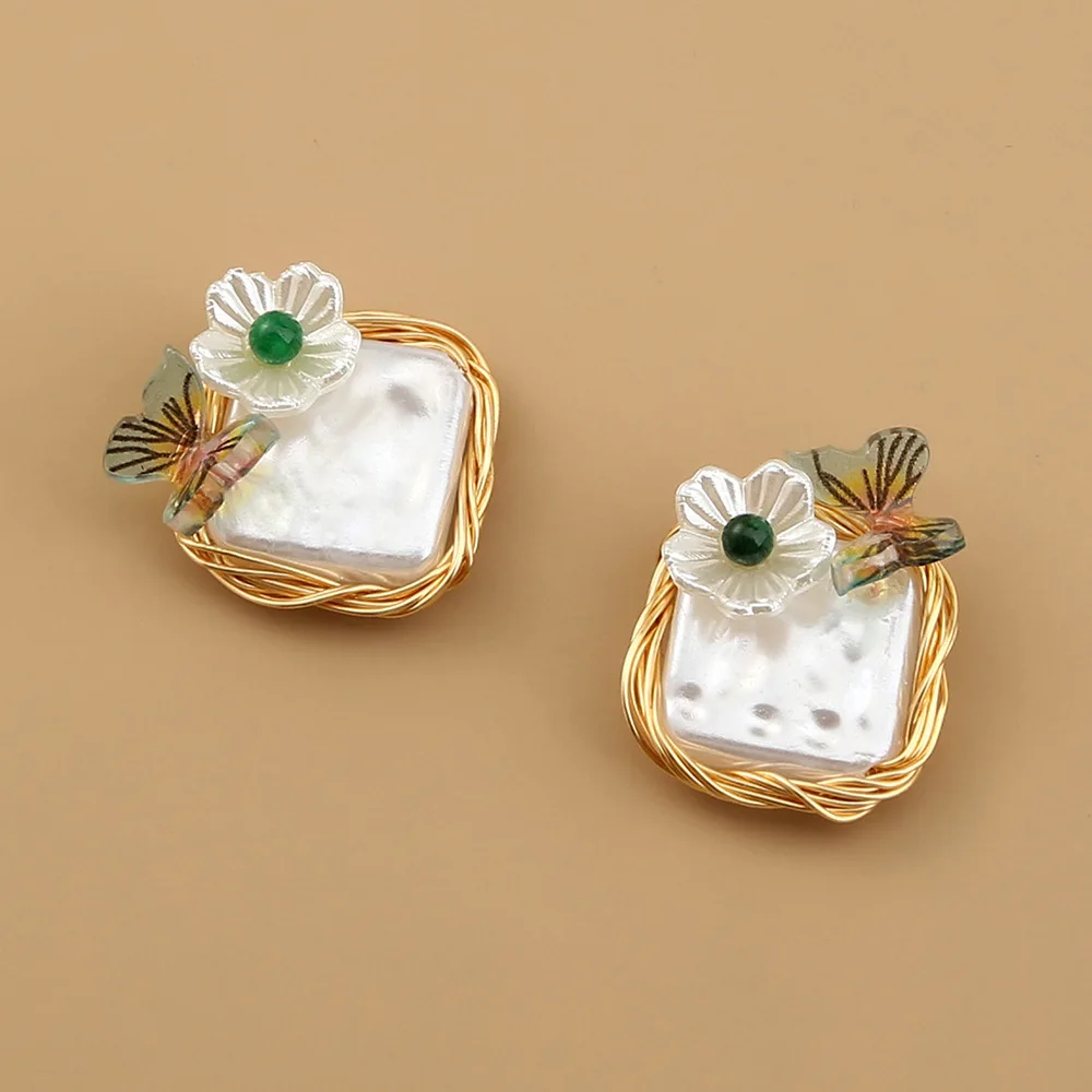 Hand-wrapped original Baroque imitation pearl female earrings, fresh and wild ins small butterfly flower earrings