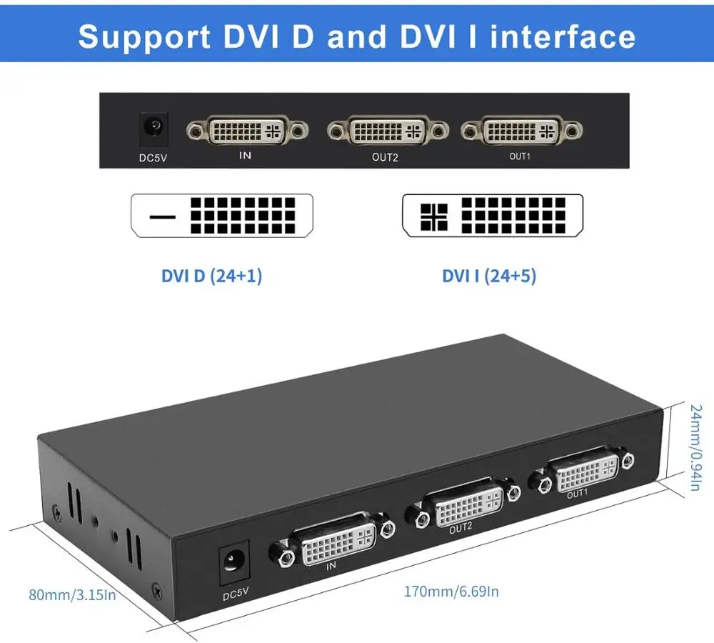 DVI 분배기 1x2 DVI 1 in 2 Out 2 포트, DVI 분배 복사기 분배기 지원 4K @ 30Hz 자동 복사 EDID