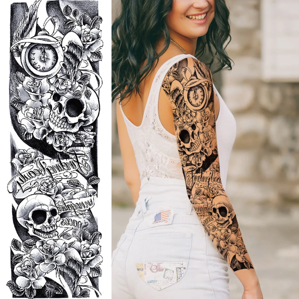 Tatouages à manches temporaires pour hommes, totem maori militaire noir, faux bras complet réaliste, crâne de dragon 3D, loup, robot de discussion, pâte de tatouages