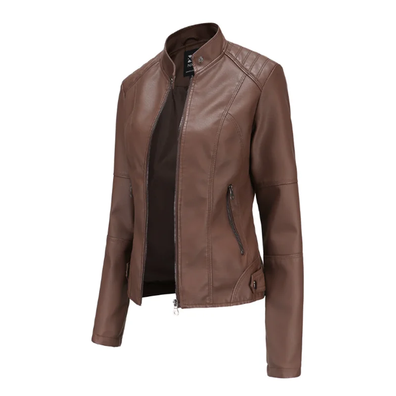 Chaqueta ajustada de cuero para mujer, chaqueta de PU fina, ropa de motocicleta para mujer, talla grande, cuello alto, Primavera, nuevo