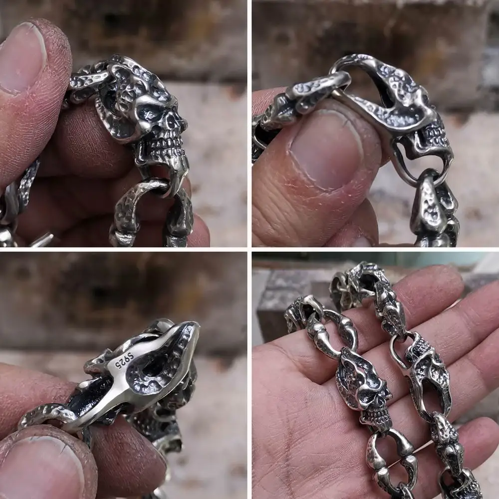 925 Sterling Silver Huge Skull KeyChain Mens Biker Punk Wallet Chain TA263WC