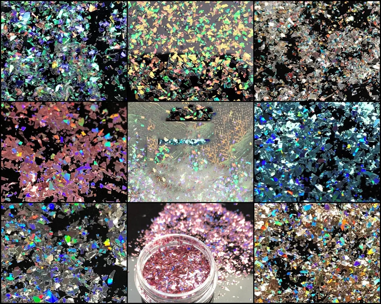 

12 Boxes Holographic Irregular Fine Nail Glitter Aluminum cellophane Flakes Ice Iridescent opal effect Flakes 12 Nail Flakes