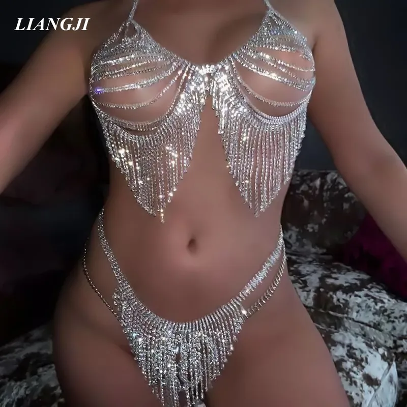 

Bikini Crystal Bra Chain Sexy Strap Rhinestone Thong Suit Body Fringed Bra Lumbar Abdominal Chain портупея bijoux de corps y2k