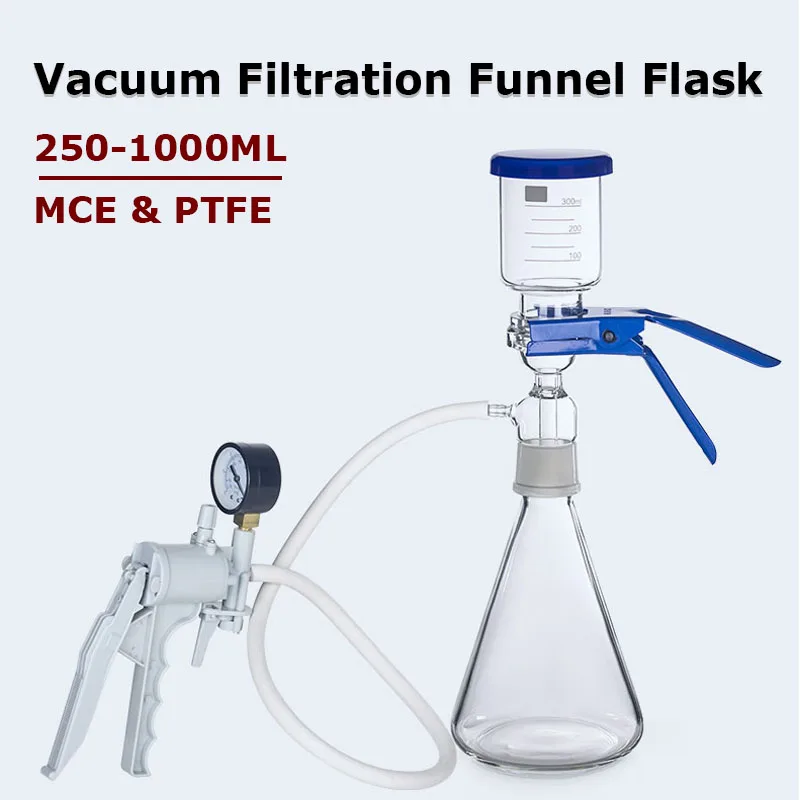 Vacuum Glassware Filtration Membrane Buchner Funnel Flask Apparatus Kit With Manual Pump MCE and PTFE Filter