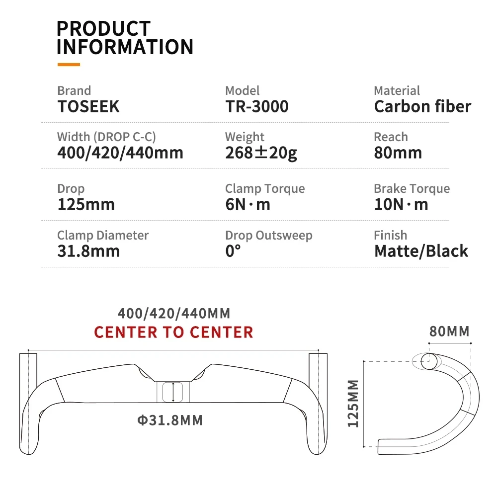 TOSEEK New Road Bike Full Carbon Handlebar UD Matt Internal Routing Road Bicycle Handle Bar Ultra light Handlebars 400/420/440mm