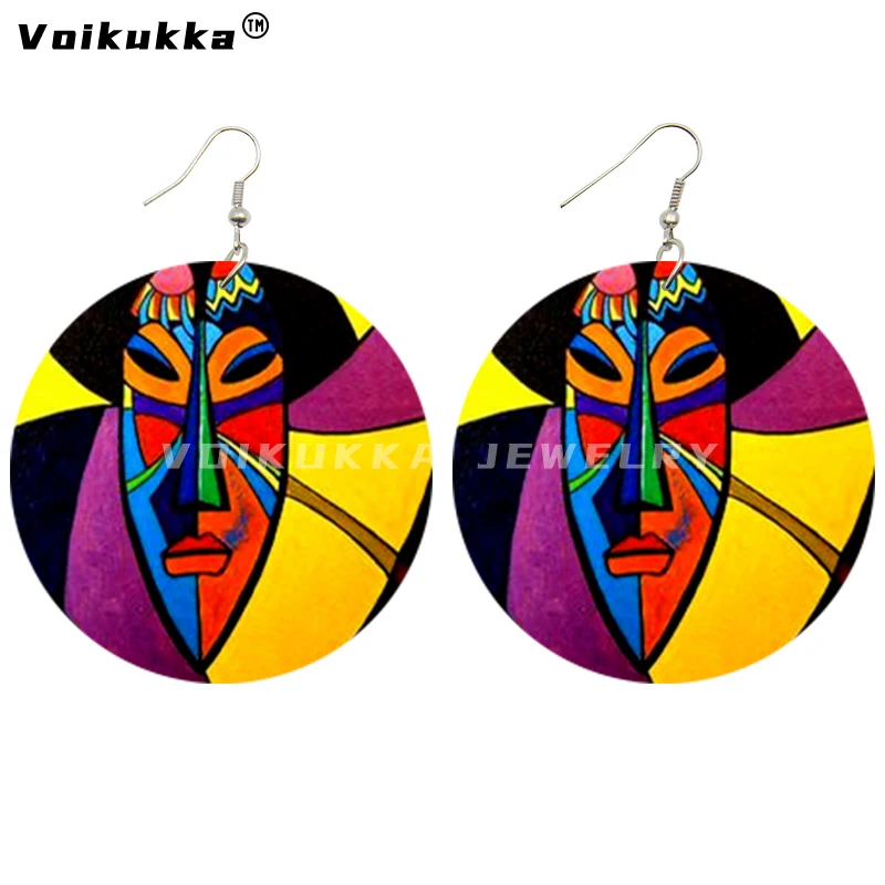 Voikukka Jewelry 2021 Hot Sale Painted Masks Both Sides Print On The Natural Wood Fashion African Round Pendant Women Earrings