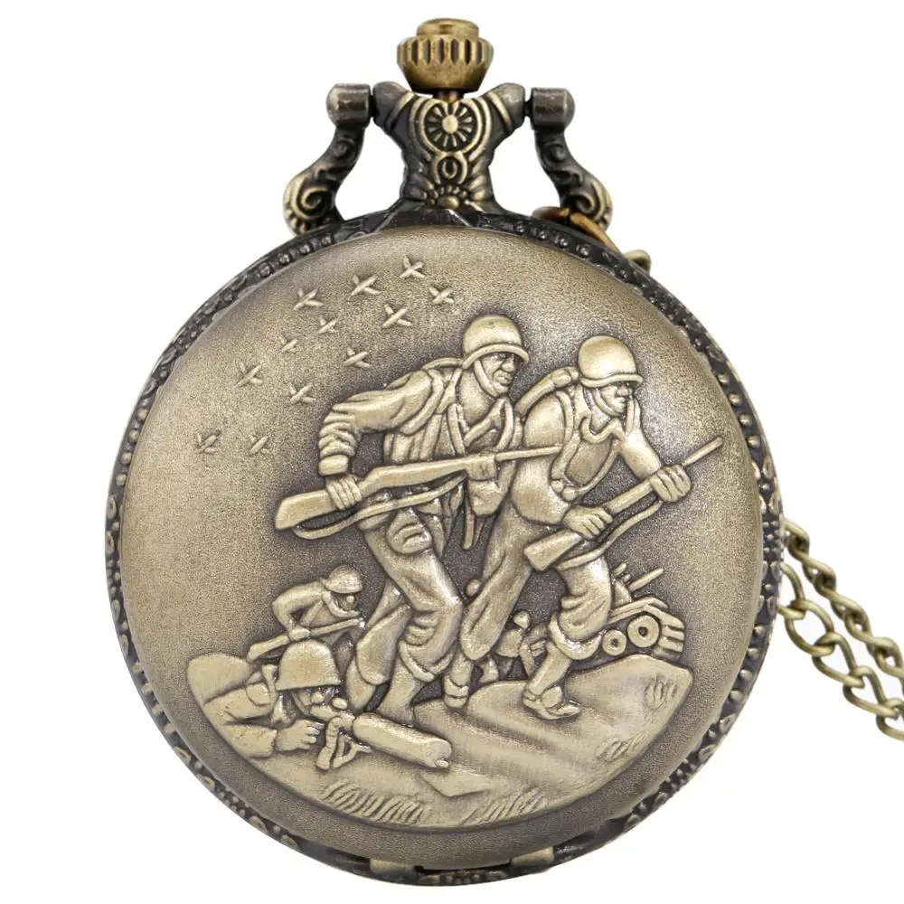 Retro Antieke Bronzen Soldaten Ontwerp Quartz Zakhorloge Trui Ketting Militaire Leger Hanger Souvenir Pocket Klok Gift