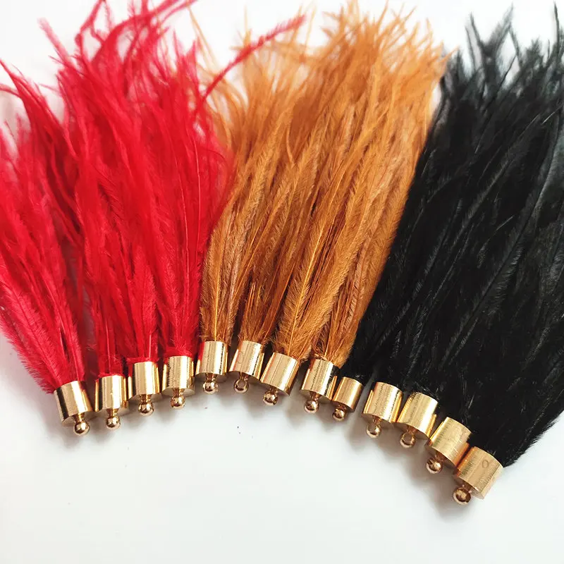 100p Ostrich Feather Tassel Pendant13-15 cm DIY Part KC Gold Cap Pompon Pendant For Necklace Earring Jewelry Accessories Finding