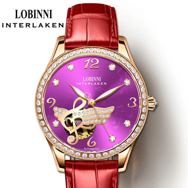LOBINNI Роскошные женские автоматические механические часы с бриллиантами и крыльями, музыкальные часы со скелетом из нержавеющей стали для женщин