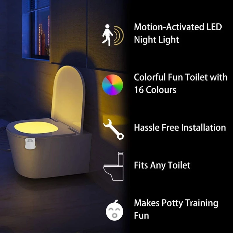 Bacia do banheiro luzes da noite mudança de cor led nightlights com sensor de detecção de movimento legal diversão decoração do banheiro gadget