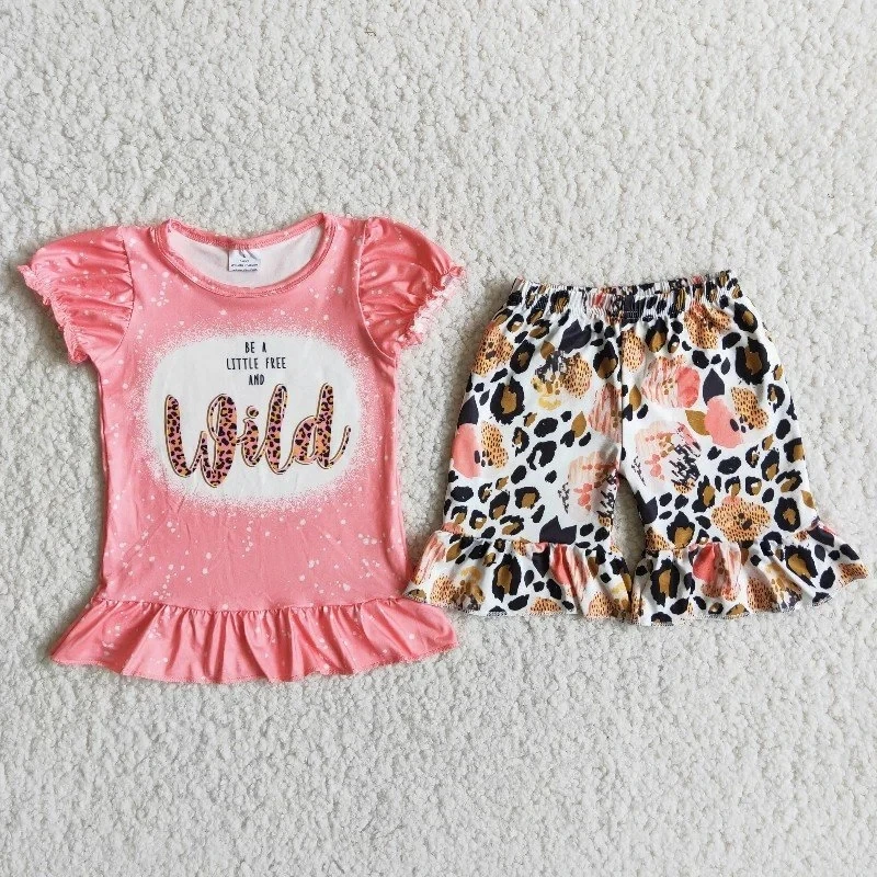 Wholesale New Boutique Baby Girl Summer Set Pink Tie Dye Wild Shirt Leopard Flower Ruffle Shorts Children Clothes Kid Outfit