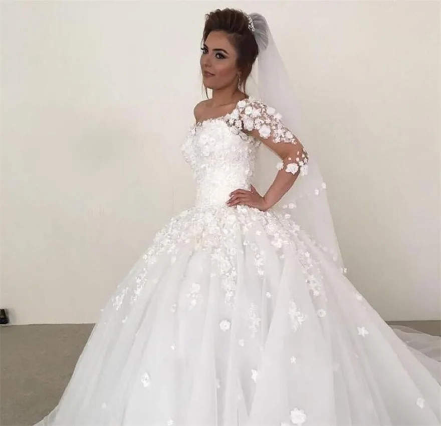 Vestidos De Novia con escote Corazón, Vestidos De baile De manga tres cuartos, Vestidos De Novia formales con flores, 2023