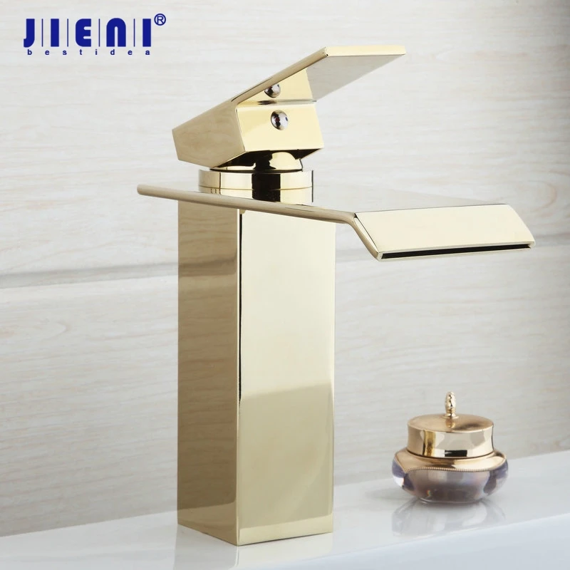 JIENI Luxury Golden Plated Bathroom Basin Sink Mixer Tap Faucet Solid Brass Mixer Waterfall Tap Bathroom Sink Mixer Faucet