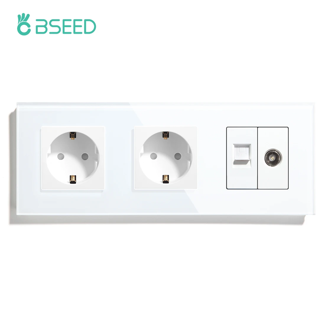 BSEED EU Standard Socket Double Frame Wall Glass Socket With Ethernet Cable TV Mult Socket Panel Charging Interface Power Outlet