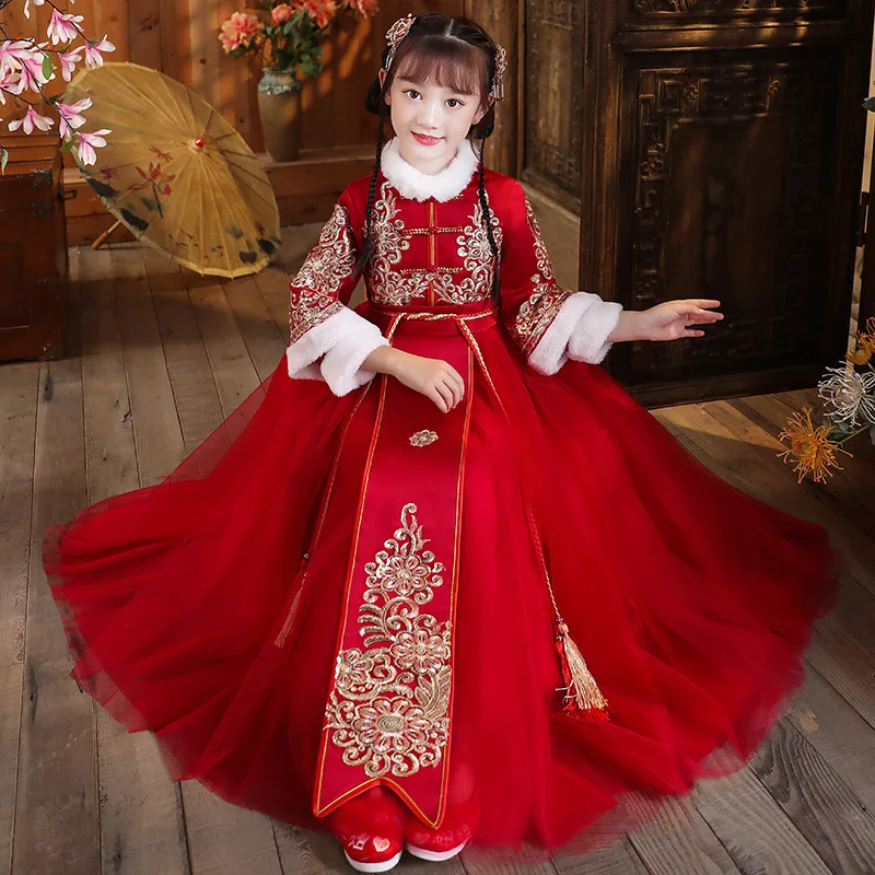 Winter Chinesische Stickerei Traditionellen Dick Und Stepp Kinder Alte Hanfu Mädchen Neue Jahr Outfits Kinder Durchführen Kostüme