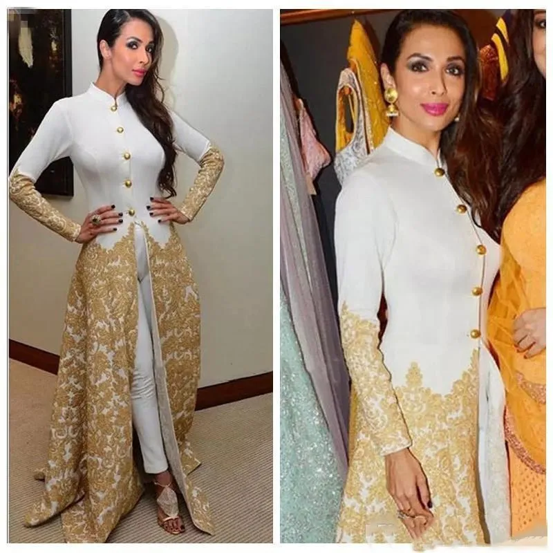 Saudi Formal Evening Dresses High Neck Long Sleeves Caftan With Pants Gold Lace Appliques Malaika Arora Khan Arab Prom Party Gow