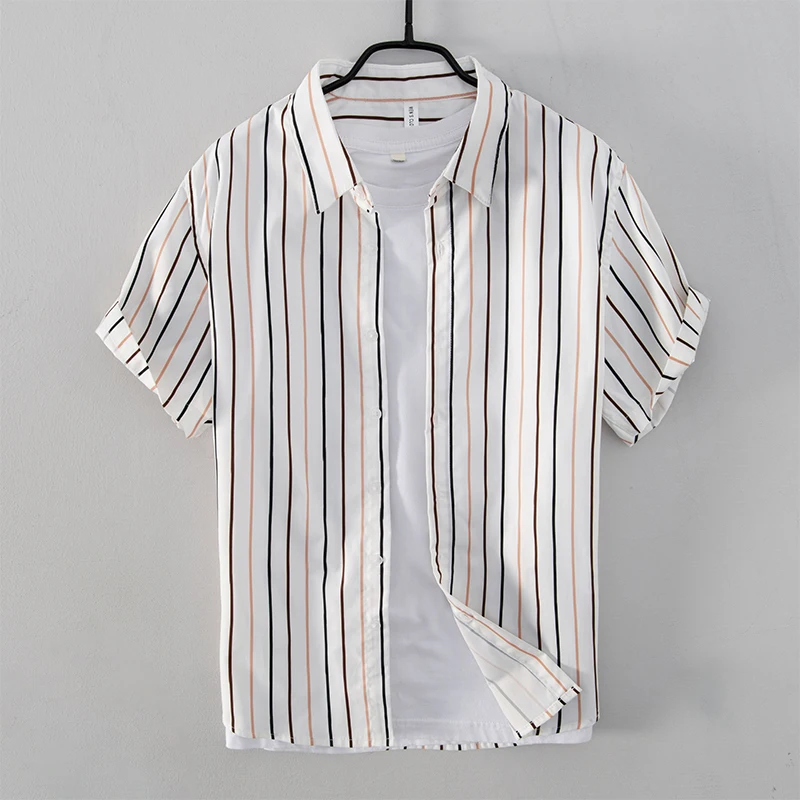 

New Italy style short-sleeved stripe casual shirts men fashion comfortable shirt for men camisa chemise tops mens clothing