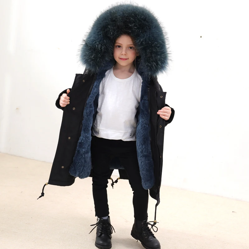 Winter Kids Girl Boys Thick Warm Real Natural Rex Rabbit Fur Liner Jacket Kids Hooded Coat Children Parkas Outerwear