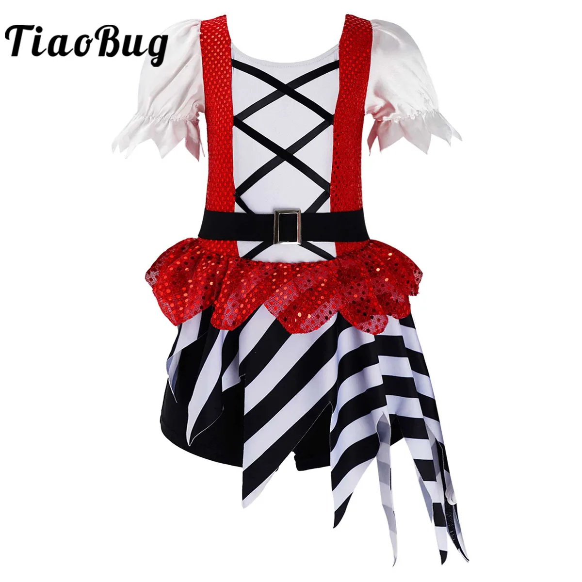 Kids Girls Sequins Pirate Cosplay Costume Red Stripes Helloween Themed Party Princess Fancy Dress Up Unitards Dress