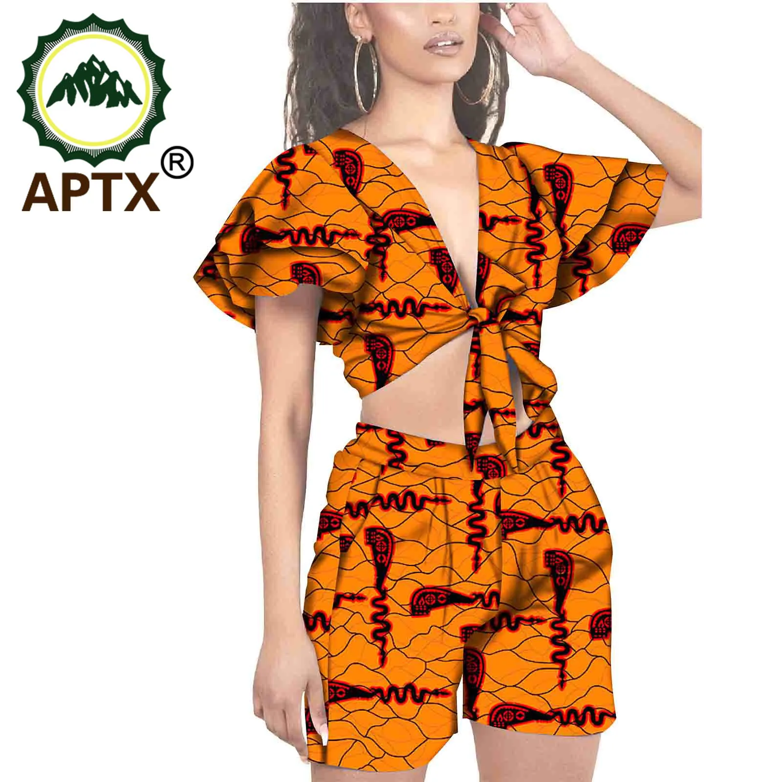 African Women Clothing Ankara Style V Collar Short Sleeve Female Set 2 Pcs Fashion Shorts Wax Pure Cotton Sexy Loungewear Suit