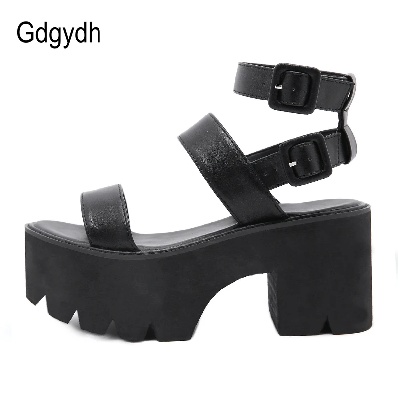 Gdgydh Summer Women Platform Sandals Thick Bottom Ankle Strap Sandals High Heels Open Toe Black Chunky Heel Shoes Fashion Solid