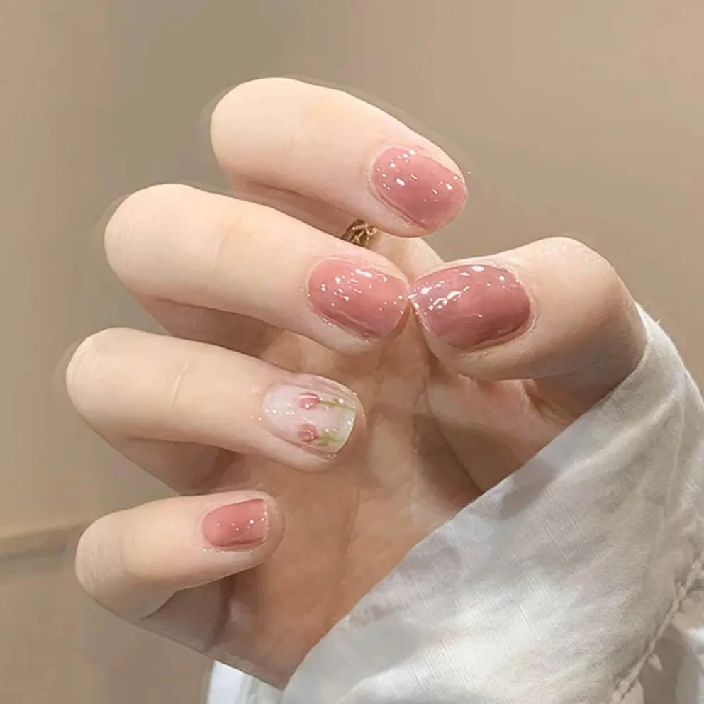 24pcs false nails with a pattern Tulip Printed Nail Patch Nude Color Glue Type Removable Short Paragraph Fashion Manicure