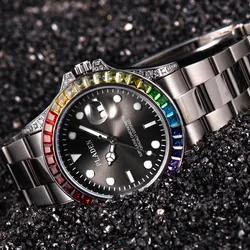 PLADEN Luxury Men Wristwatch Top Brand Colorful Diamond Bezel Quartz Watch Automatic Date Stainless Steel Business Reloj Hombre