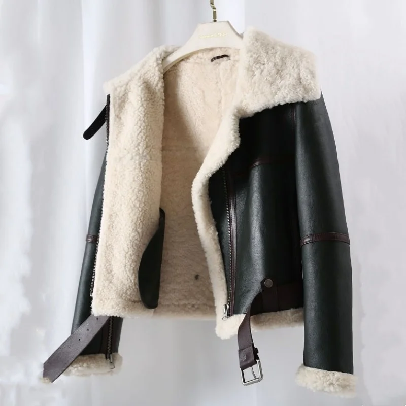 Motorcycle Streetwear Biker Shearling Coat Women New Winter Warm Eco Natural Wool Liner Pilot Jacket Real Fur Overcoat Female