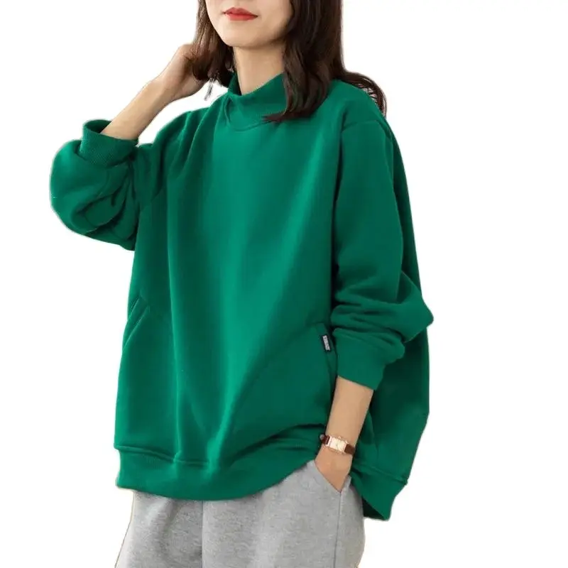 

[Cotton] Fleece Thickening High-Neck Sweater Women Winter New Style Korean Loose Large Pockets Long-Sleeved Shirt Tide M270