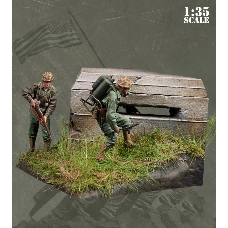 1/35 Resin Model Figure GK，BUNKER RUN (THE PACIFIC, 1944-1945) , Includes 2 figures and scenery , Unassembled and unpainted kit