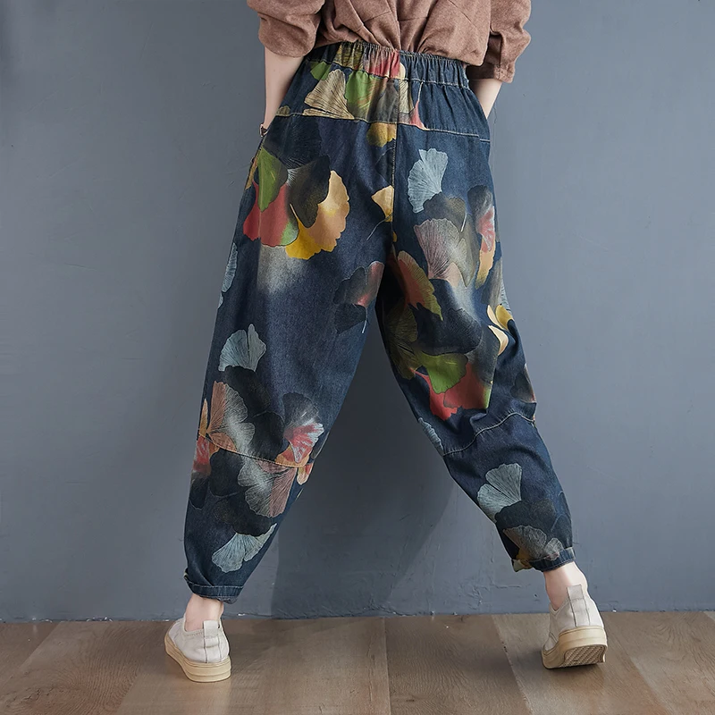 New Autumn Streetwear Jeans Woman 2020 Vintage Panelled Print Harajuku Pants Drawstring Loose Wide Leg Denim Jeans Boyfriend