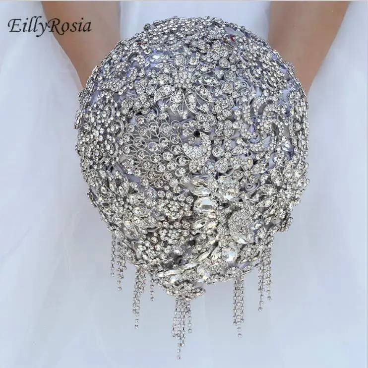 

EillyRosia Crystals Jewelry Brooch Wedding Bouquet Silver Gray Sequined Tassel Luxury Bridal Bouquet Customized Color New