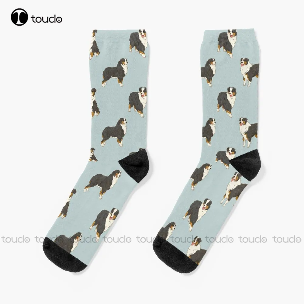 Black Tri Australian Shepherd Aussie Dog Socks Mens White Socks Personalized Custom Unisex Adult Socks Popularity Holiday Gifts