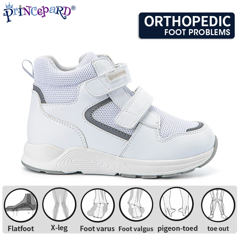 Princepard Children Orthopedic Shoe Autumn Outdoor White Leather Sport Sneaker with Arch Support for Flatfoot Tiptoe Walking