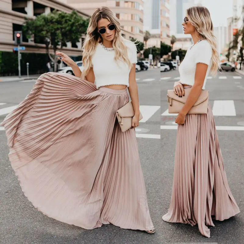 New Women Chiffon Pleated Skirt Boho Long Maxi Skirt 2019 Fashion Retro Stretch High Waist Skirt Pleated Skirt Streetwear